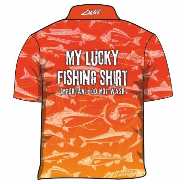 Fishing | Lucky Fishing Orange Shirt Long or Short Sleeve Z and TEE Aussie Australia Australia Day Australian Australiana camping cruise Cruising fishing shirt girls KIDS KIDS ALL kids design KIDS DESIGNS Kids UV rated shirt koala LJM PATTERN AND PLAIN DESIGNS Preorder quick dry spo-default spo-disabled sun sun shirt sun shirts sunsafe swim shirt tropical TROPICAL DESIGNS uv