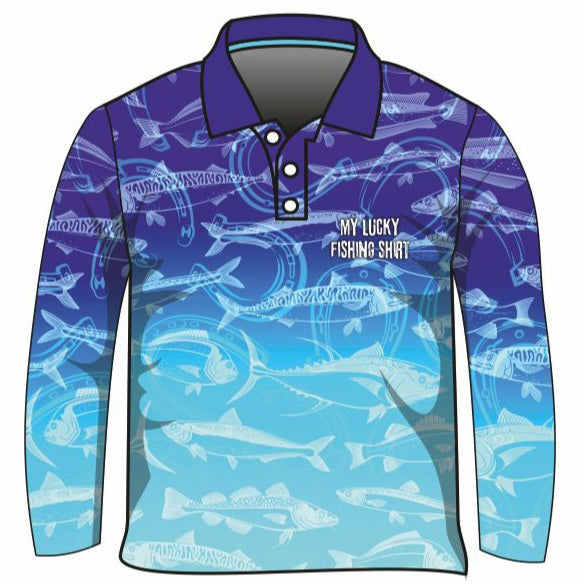 Fishing | Lucky Fishing Blue Shirt Long or Short Sleeve Z and TEE Aussie Australia Australia Day Australian Australiana camping cruise Cruising fishing shirt girls KIDS KIDS ALL kids design KIDS DESIGNS Kids UV rated shirt koala LJM PATTERN AND PLAIN DESIGNS Preorder quick dry spo-default spo-disabled sun sun shirt sun shirts sunsafe swim shirt tropical TROPICAL DESIGNS uv