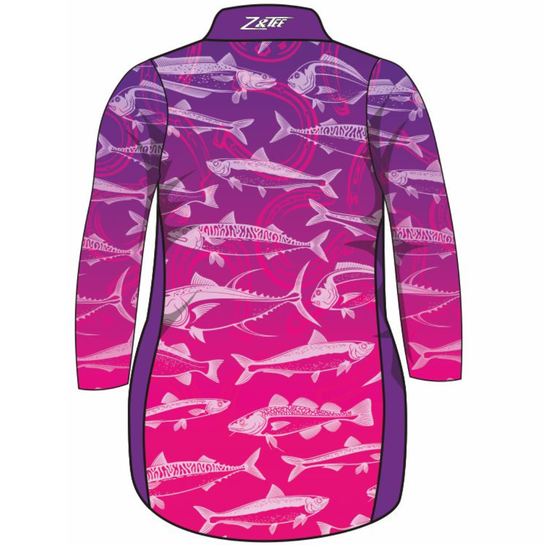 Fishing | Lucky Pattern Purple Pink Fishing Dress Long or Short Sleeve Z and TEE competition FISH FISH DESIGNS FISHING fishing dress MATCHING matching dress PATTERN AND PLAIN DESIGNS PERSONALISED POCKETS Preorder reef reef fish