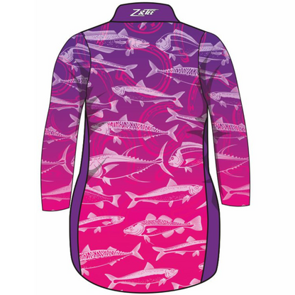 Fishing | Lucky Pattern Purple Pink Fishing Dress Long or Short Sleeve Z and TEE competition FISH FISH DESIGNS FISHING fishing dress MATCHING matching dress PATTERN AND PLAIN DESIGNS PERSONALISED POCKETS Preorder reef reef fish