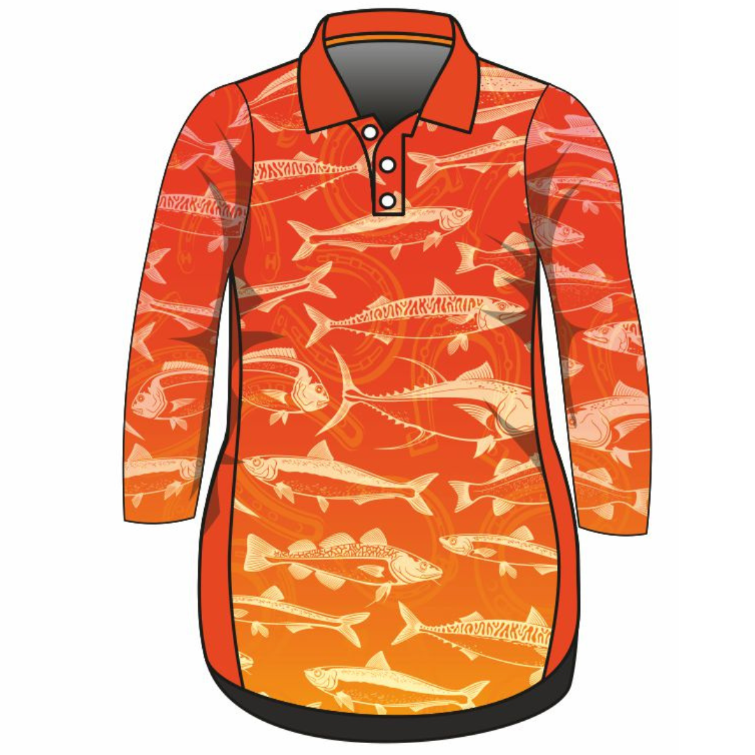 Fishing | Lucky Pattern Orange Fishing Dress Long or Short Sleeve Z and TEE competition FISH FISH DESIGNS FISHING fishing dress MATCHING matching dress PATTERN AND PLAIN DESIGNS PERSONALISED POCKETS Preorder reef reef fish