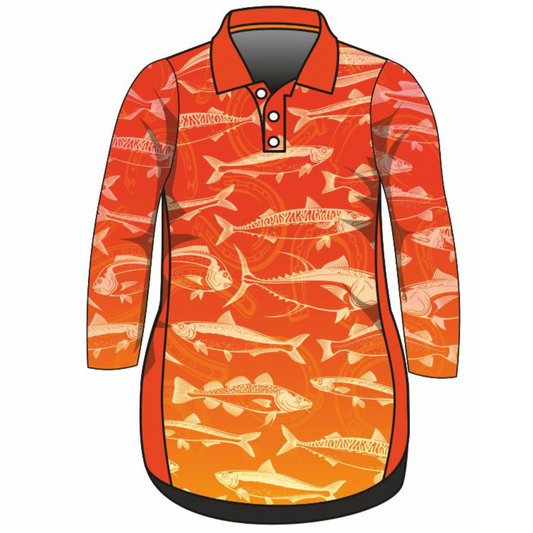 Fishing | Lucky Pattern Orange Fishing Dress Long or Short Sleeve Z and TEE competition FISH FISH DESIGNS FISHING fishing dress MATCHING matching dress PATTERN AND PLAIN DESIGNS PERSONALISED POCKETS Preorder reef reef fish