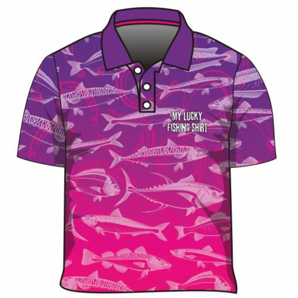 Fishing | Lucky Fishing Purple Pink Shirt Long or Short Sleeve Z and TEE Aussie Australia Australia Day Australian Australiana camping cruise Cruising fishing shirt girls KIDS KIDS ALL kids design KIDS DESIGNS Kids UV rated shirt koala LJM PATTERN AND PLAIN DESIGNS Preorder quick dry spo-default spo-disabled sun sun shirt sun shirts sunsafe swim shirt tropical TROPICAL DESIGNS uv