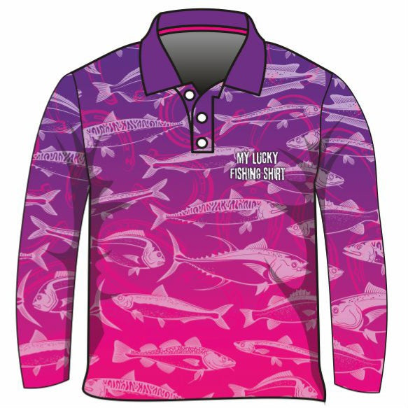 Fishing | Lucky Fishing Purple Pink Shirt Long or Short Sleeve Z and TEE Aussie Australia Australia Day Australian Australiana camping cruise Cruising fishing shirt girls KIDS KIDS ALL kids design KIDS DESIGNS Kids UV rated shirt koala LJM PATTERN AND PLAIN DESIGNS Preorder quick dry spo-default spo-disabled sun sun shirt sun shirts sunsafe swim shirt tropical TROPICAL DESIGNS uv
