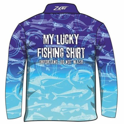 Fishing | Lucky Fishing Blue Shirt Long or Short Sleeve Z and TEE Aussie Australia Australia Day Australian Australiana camping cruise Cruising fishing shirt girls KIDS KIDS ALL kids design KIDS DESIGNS Kids UV rated shirt koala LJM PATTERN AND PLAIN DESIGNS Preorder quick dry spo-default spo-disabled sun sun shirt sun shirts sunsafe swim shirt tropical TROPICAL DESIGNS uv