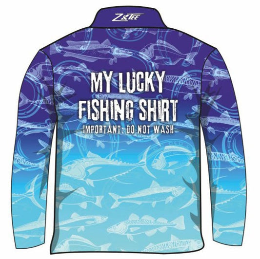 Fishing | Lucky Fishing Blue Shirt Long or Short Sleeve Z and TEE Aussie Australia Australia Day Australian Australiana camping cruise Cruising fishing shirt girls KIDS KIDS ALL kids design KIDS DESIGNS Kids UV rated shirt koala LJM PATTERN AND PLAIN DESIGNS Preorder quick dry spo-default spo-disabled sun sun shirt sun shirts sunsafe swim shirt tropical TROPICAL DESIGNS uv