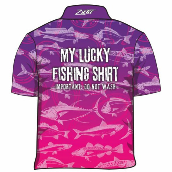 Fishing | Lucky Fishing Purple Pink Shirt Long or Short Sleeve Z and TEE Aussie Australia Australia Day Australian Australiana camping cruise Cruising fishing shirt girls KIDS KIDS ALL kids design KIDS DESIGNS Kids UV rated shirt koala LJM PATTERN AND PLAIN DESIGNS Preorder quick dry spo-default spo-disabled sun sun shirt sun shirts sunsafe swim shirt tropical TROPICAL DESIGNS uv