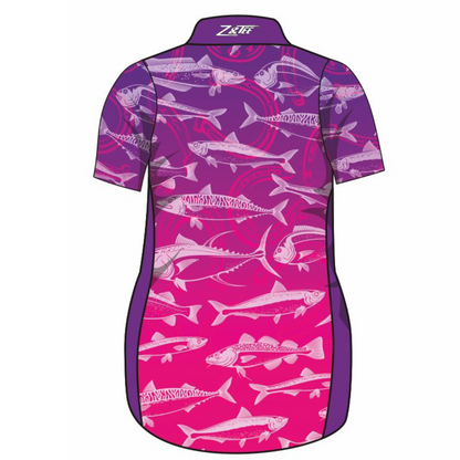 Fishing | Lucky Pattern Purple Pink Fishing Dress Long or Short Sleeve Z and TEE competition FISH FISH DESIGNS FISHING fishing dress MATCHING matching dress PATTERN AND PLAIN DESIGNS PERSONALISED POCKETS Preorder reef reef fish