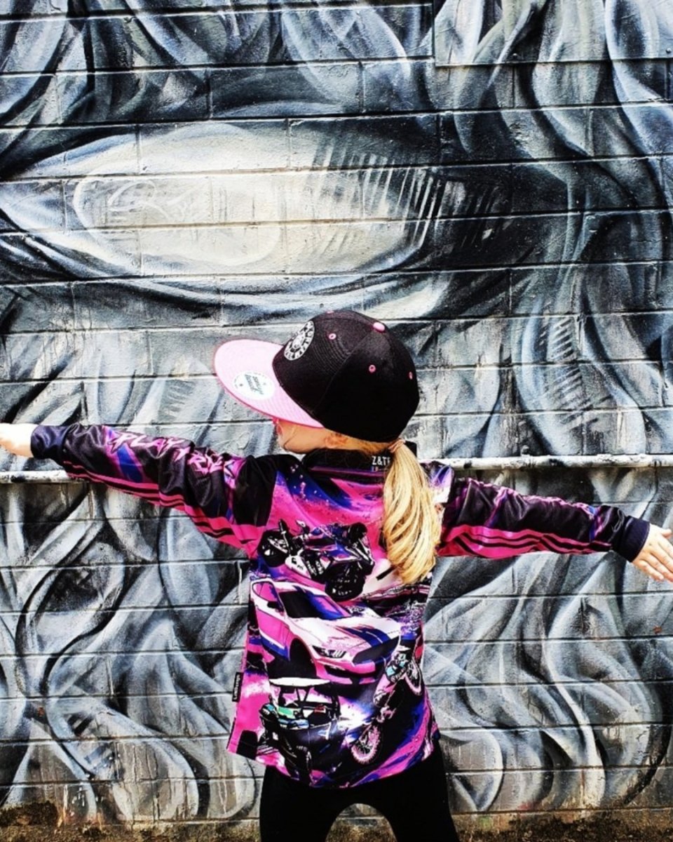 Extreme - Work Hard Play Harder Pink Purple Fishing Shirt Z and TEE camping fishing GIRLS DESIGNS LJM Preorder quick dry spo-default spo-disabled sun sun shirt sun shirts sunsafe uv Women womens xtreme